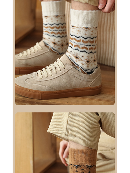 White geometric crew socks styled with beige sneakers