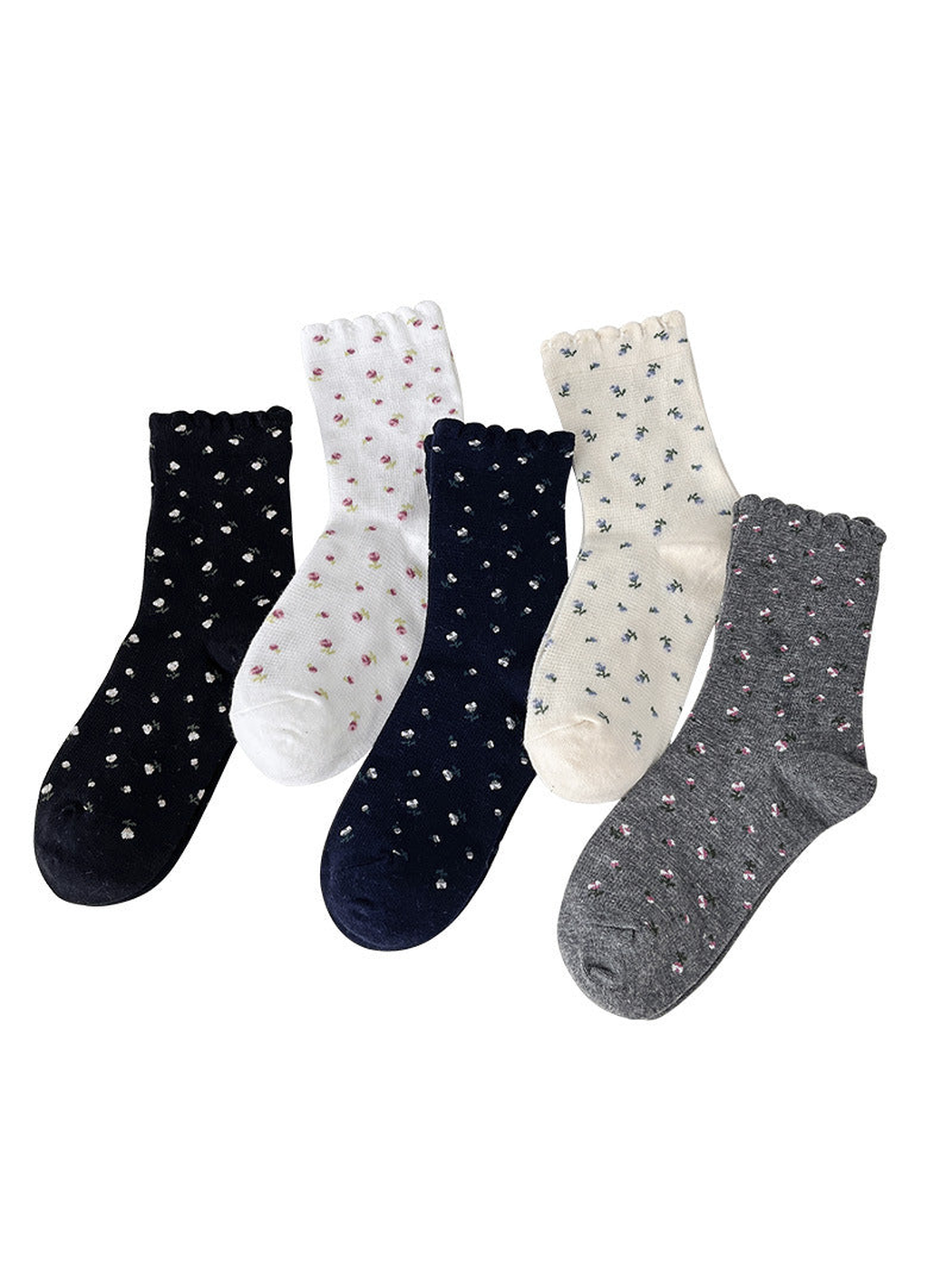Black, white, navy, cream and dark gray floral crew socks