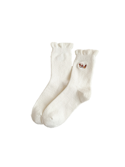 Ivory crew socks with bow dog embroidery and ruffled cuffs