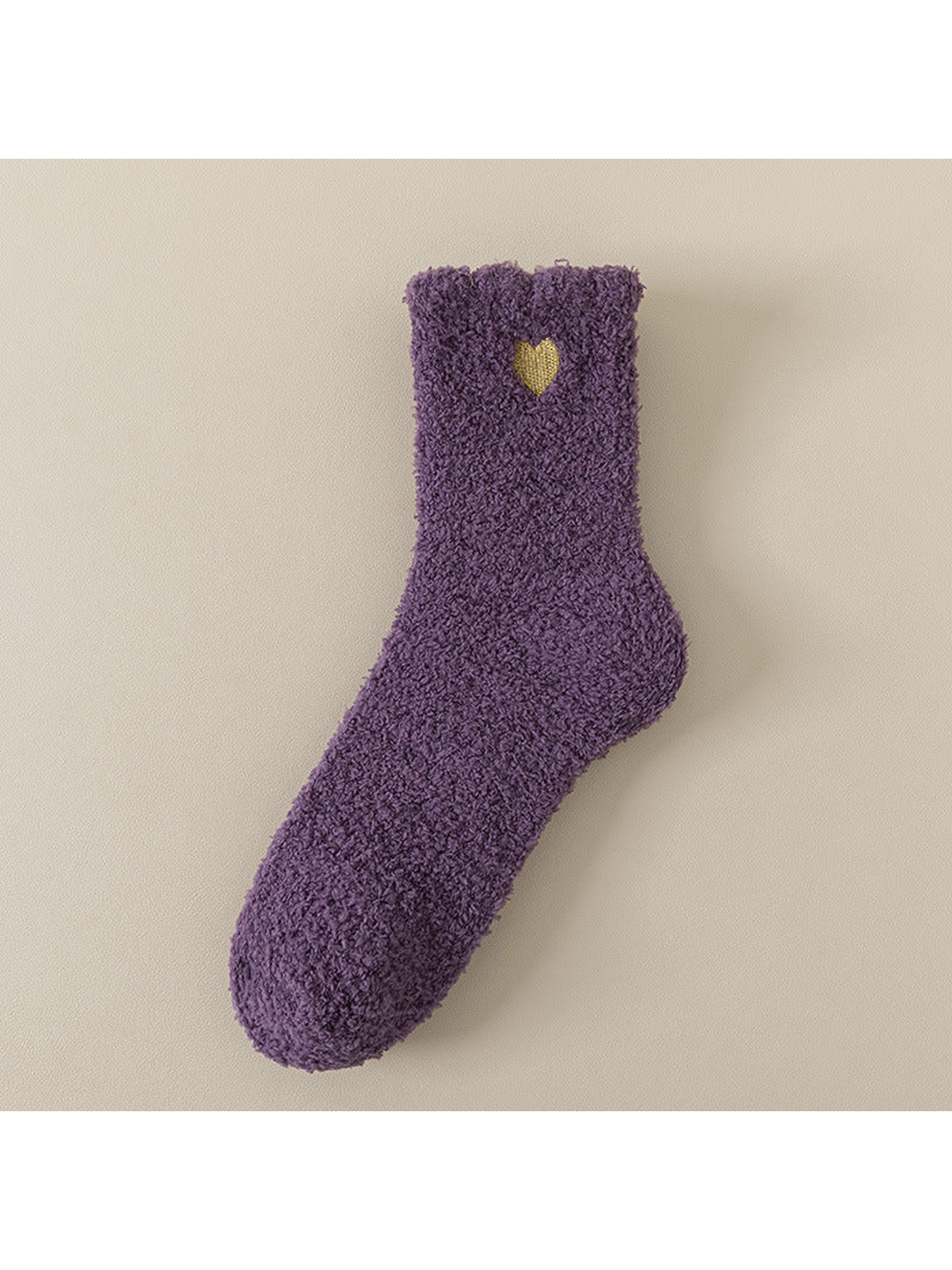 Deep purple fuzzy ankle sock with gold heart detail