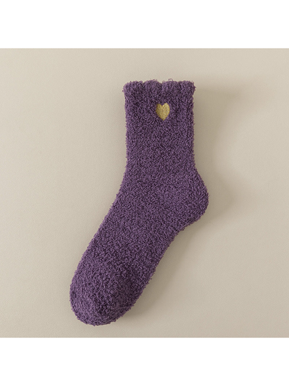 Deep purple fuzzy ankle sock with gold heart detail