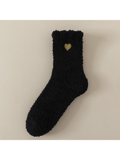 Black fuzzy ankle sock with gold heart detail