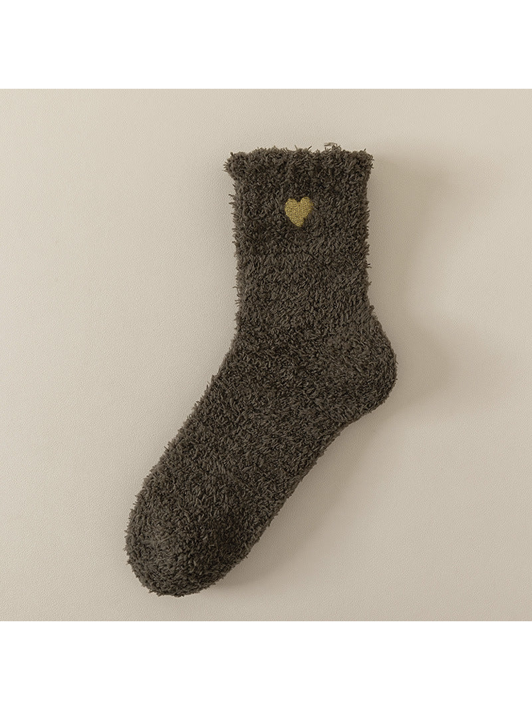 Coffee brown fuzzy ankle sock with gold heart detail