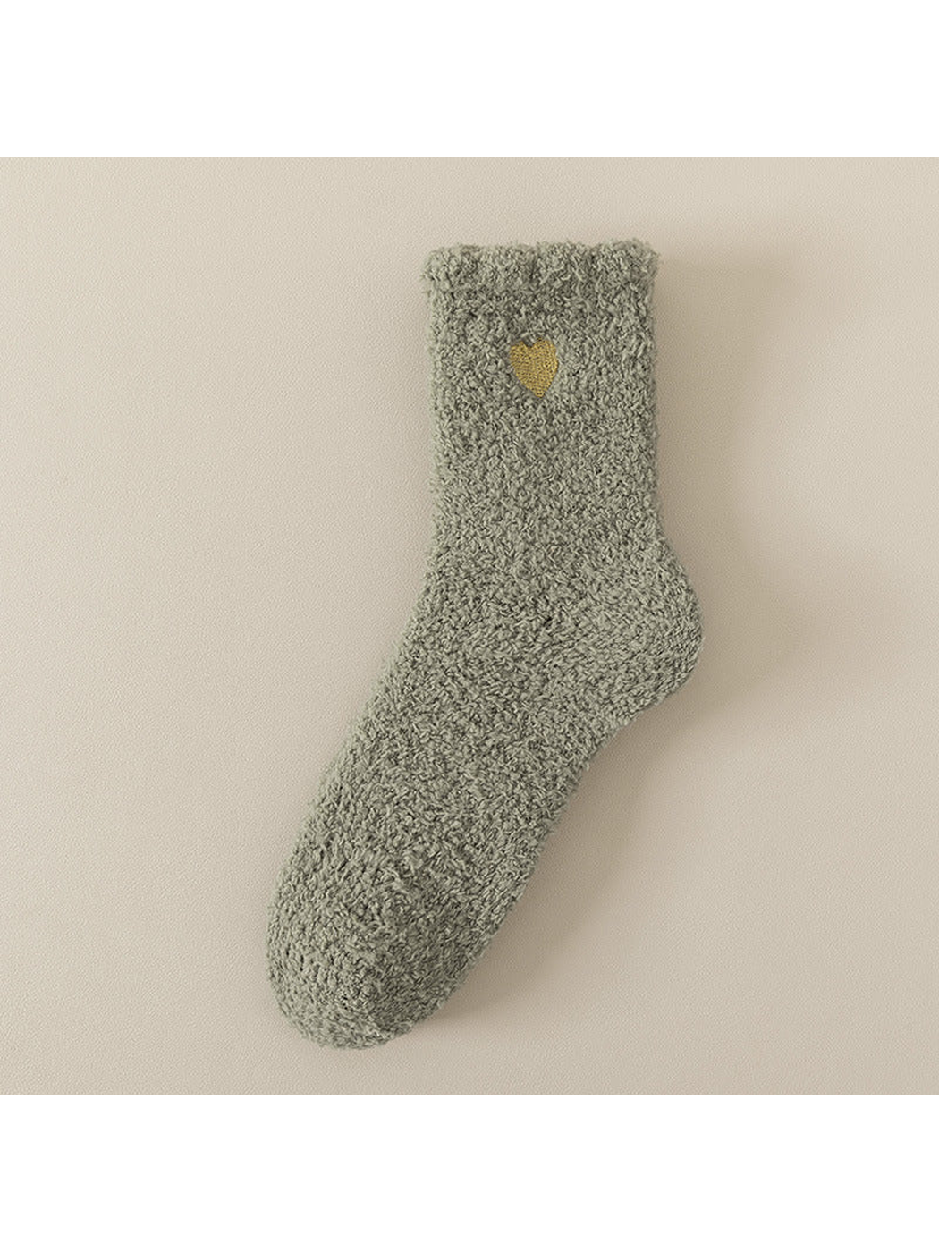 Army green fuzzy ankle sock with gold heart detail