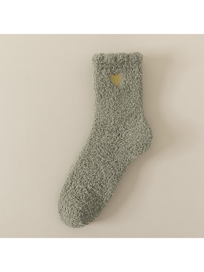 Army green fuzzy ankle sock with gold heart detail