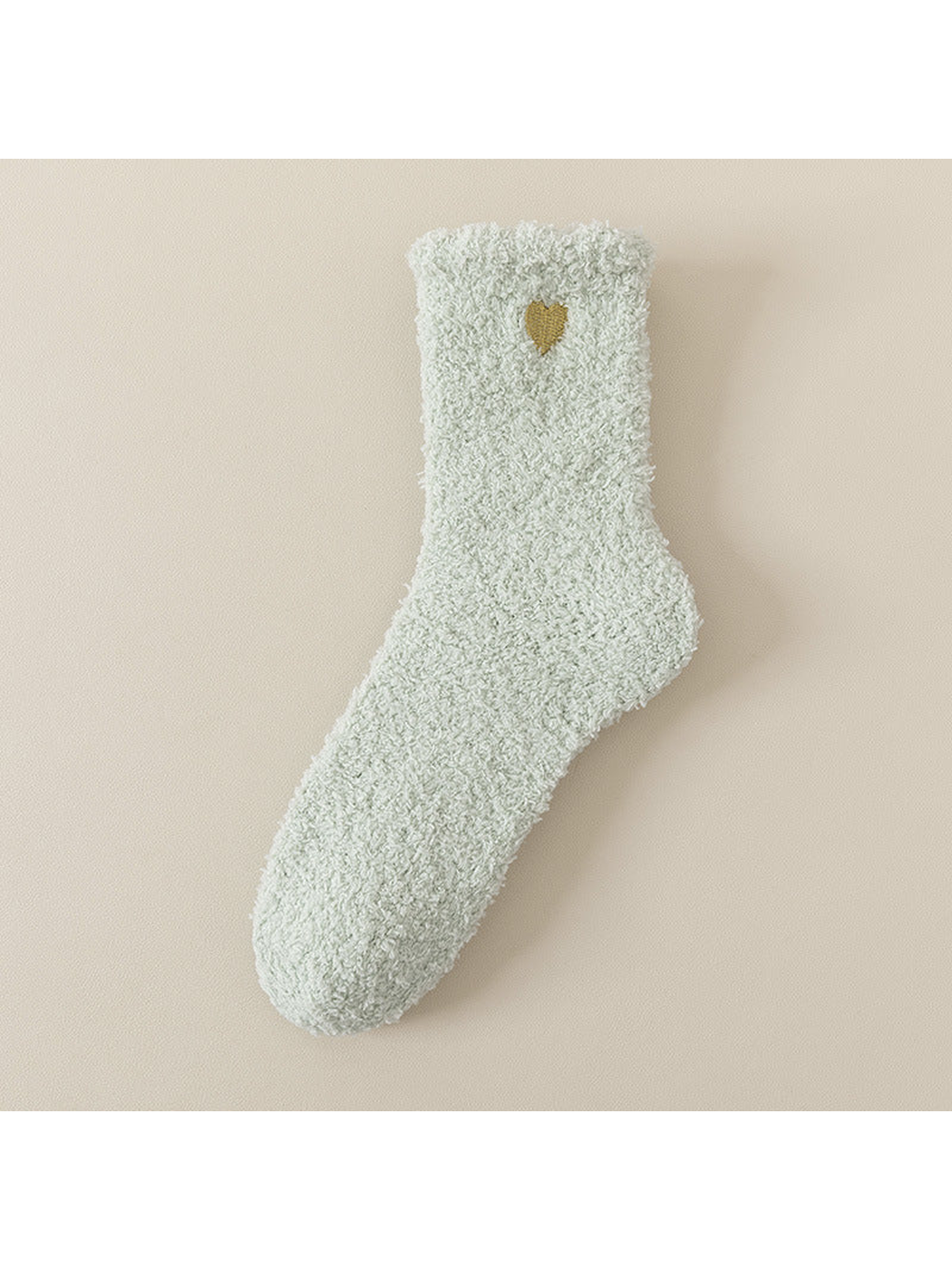 Light green fuzzy ankle sock with gold heart detail