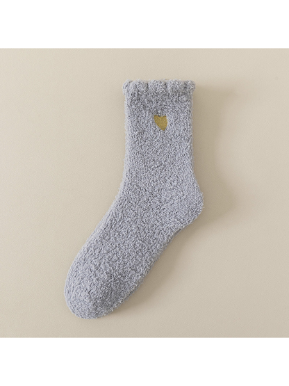 Light gray fuzzy ankle sock with gold heart detail