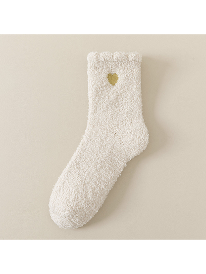Cream fuzzy ankle sock with gold heart detail