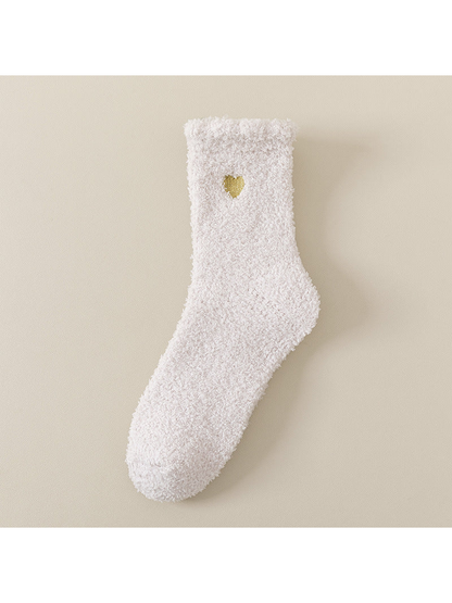 Pale pink-white fuzzy ankle sock with gold heart detail