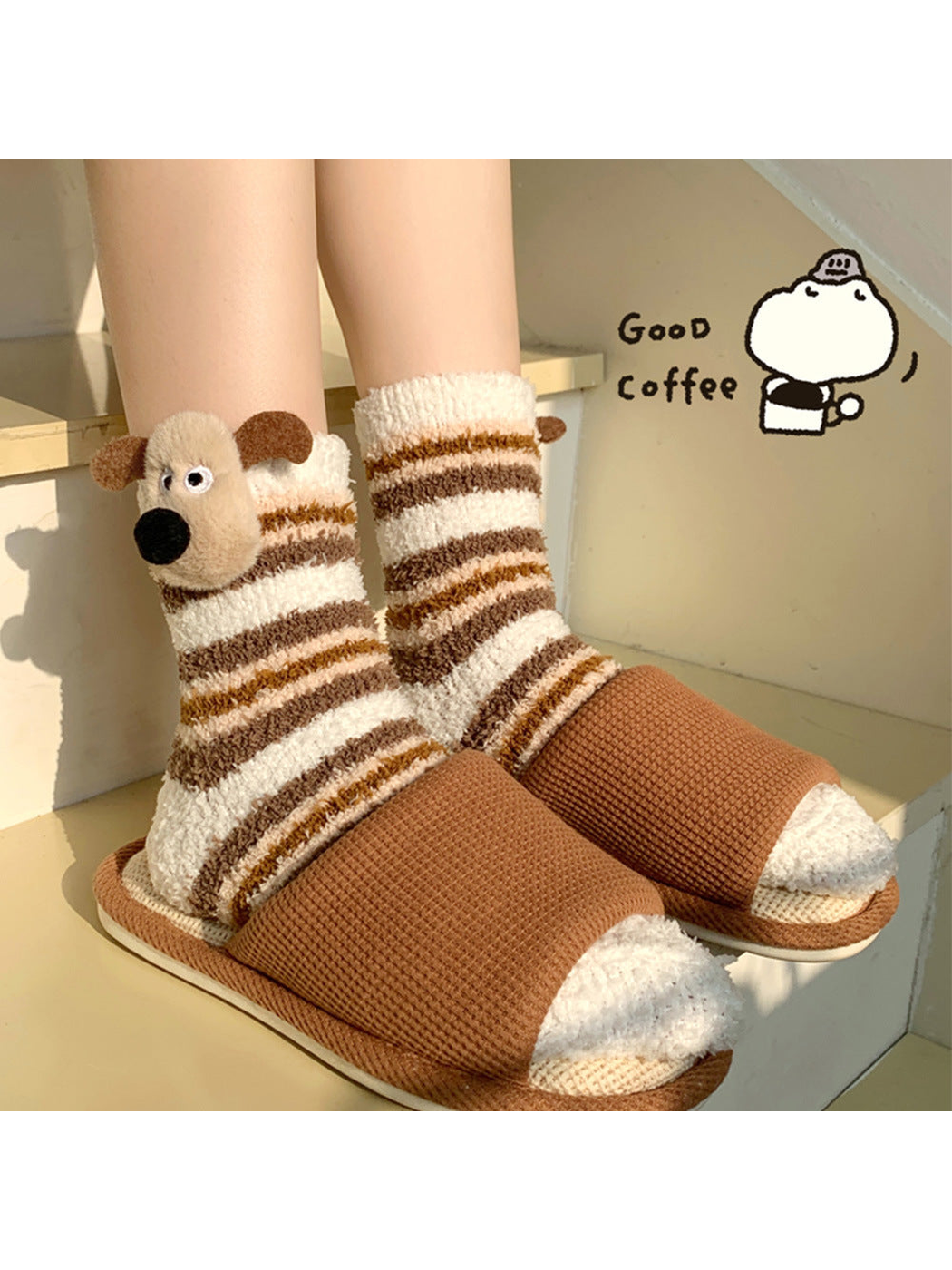 Ivory striped dog socks worn with brown open-toe slippers