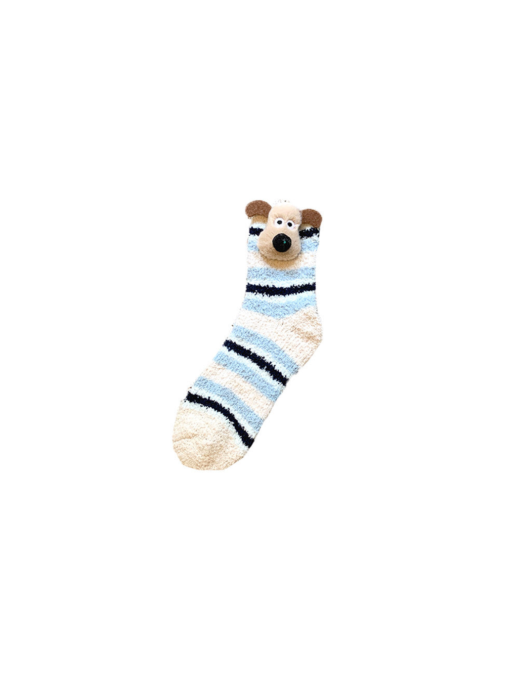 Light blue and ivory striped fuzzy crew sock with raised dog face