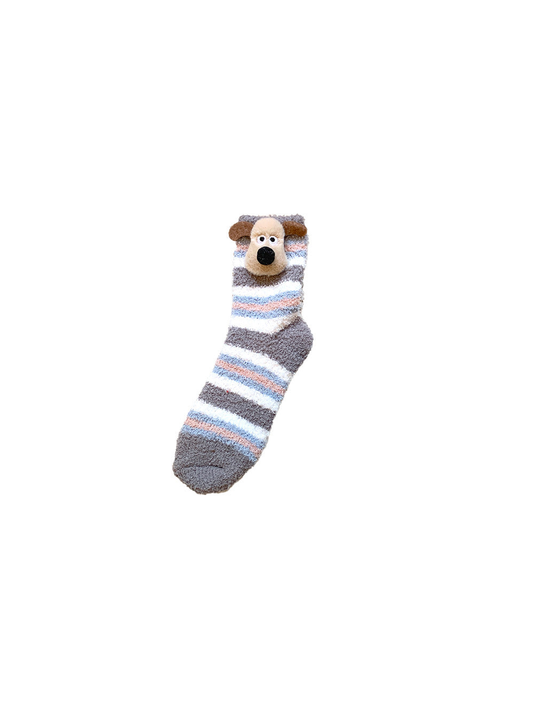 Gray striped fuzzy crew sock with raised dog face