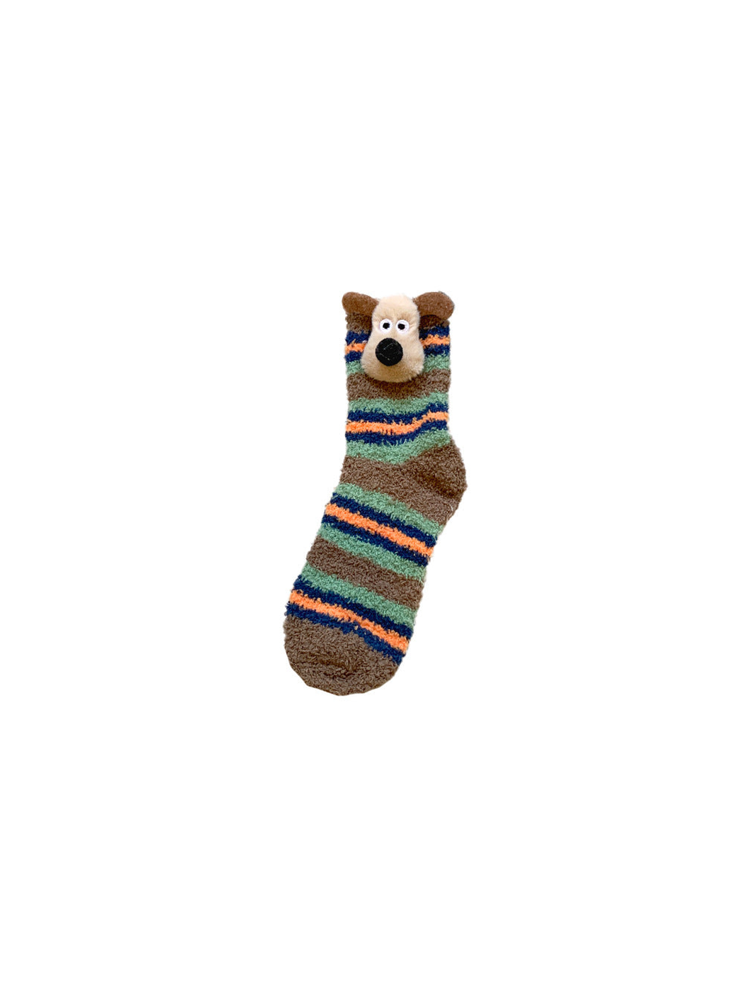 Brown, green and orange striped fuzzy crew sock with raised dog face