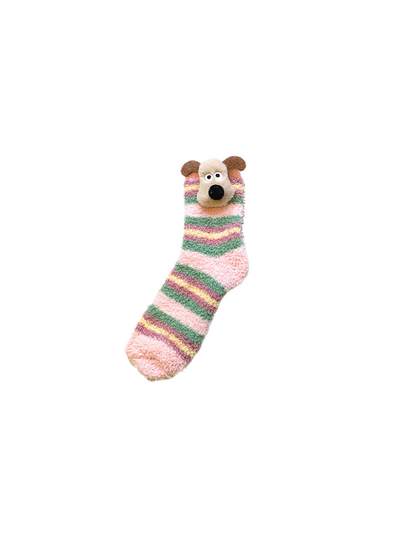 Pink and green striped fuzzy crew sock with raised dog face