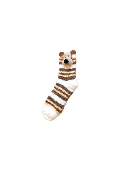 Ivory and brown striped fuzzy crew sock with raised dog face