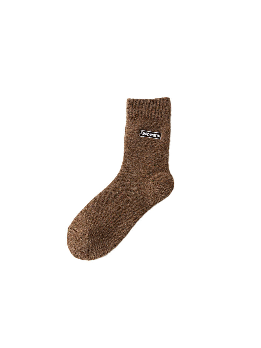 Brown crew sock with ribbed cuff and label patch