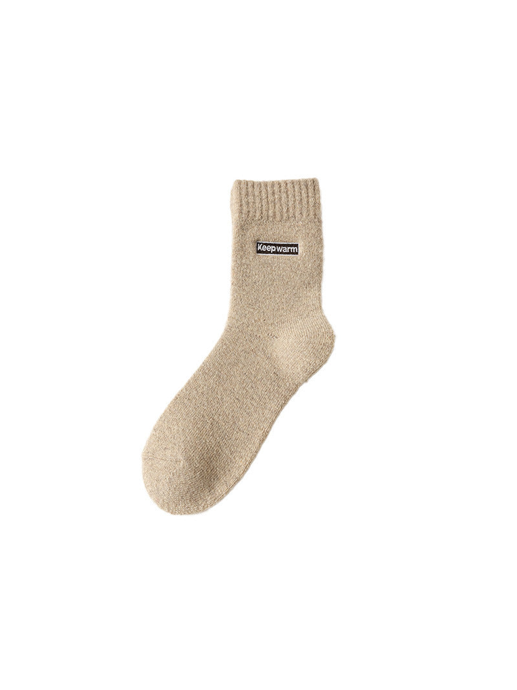 Beige crew sock with ribbed cuff and label patch