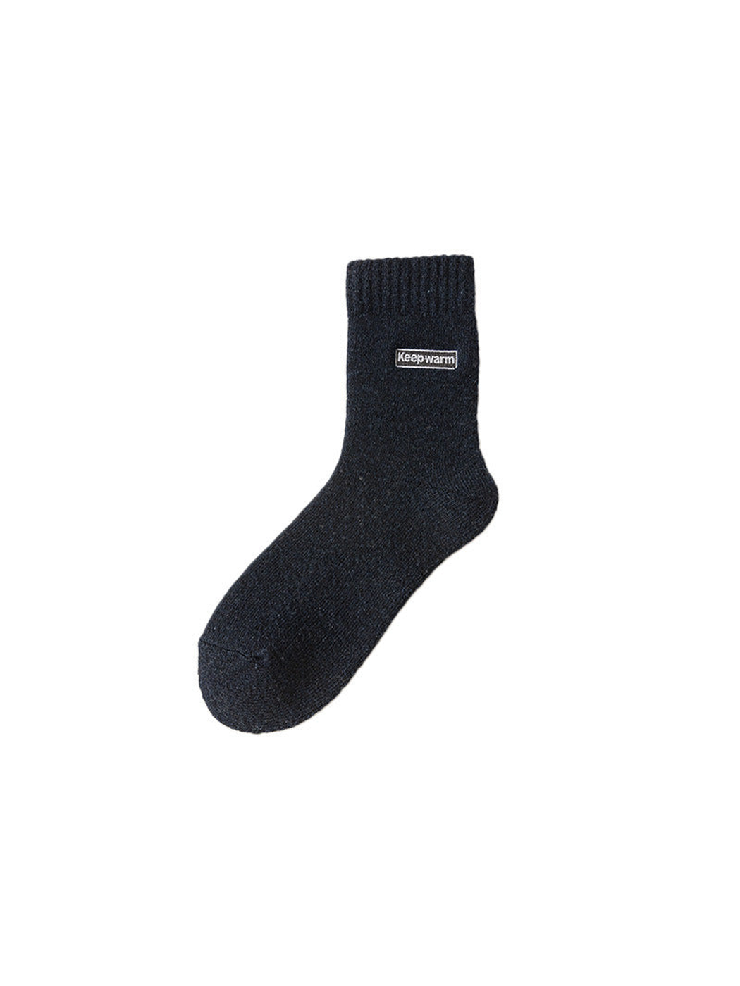 Navy crew sock with ribbed cuff and label patch