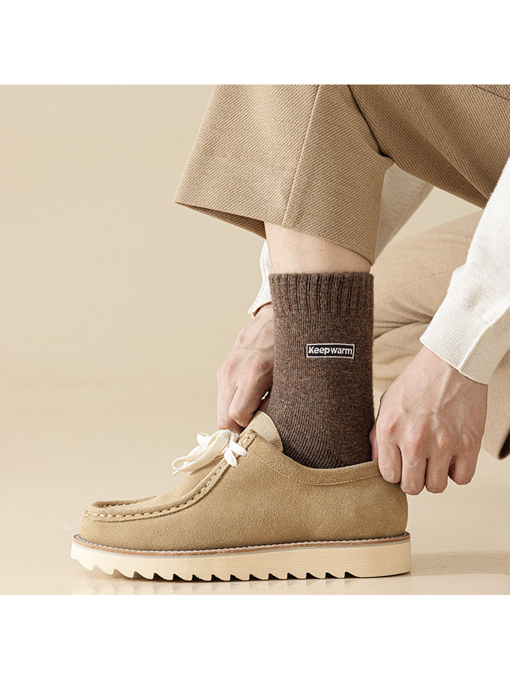 Brown crew sock styled with a beige lace-up shoe