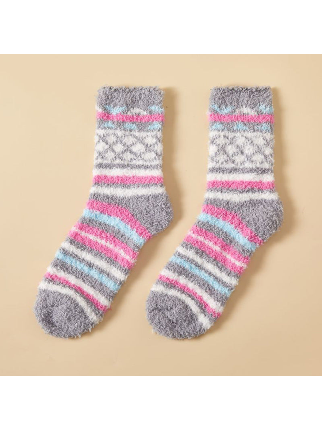 Gray fuzzy crew socks with pink, blue and white geometric stripes