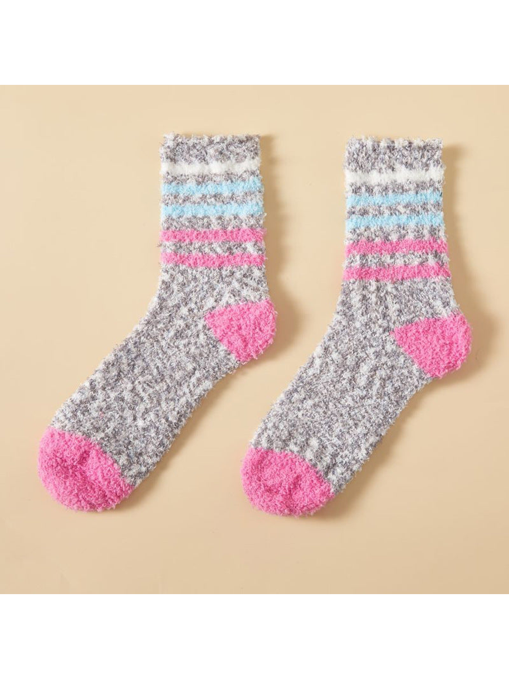 Speckled gray fuzzy crew socks with pink and blue stripes