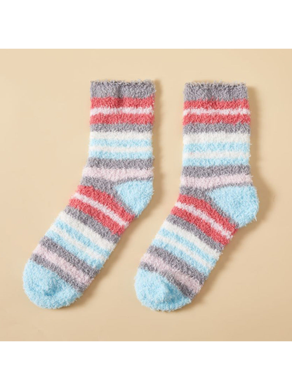 Fuzzy crew socks with coral, blue, gray and pale pink stripes