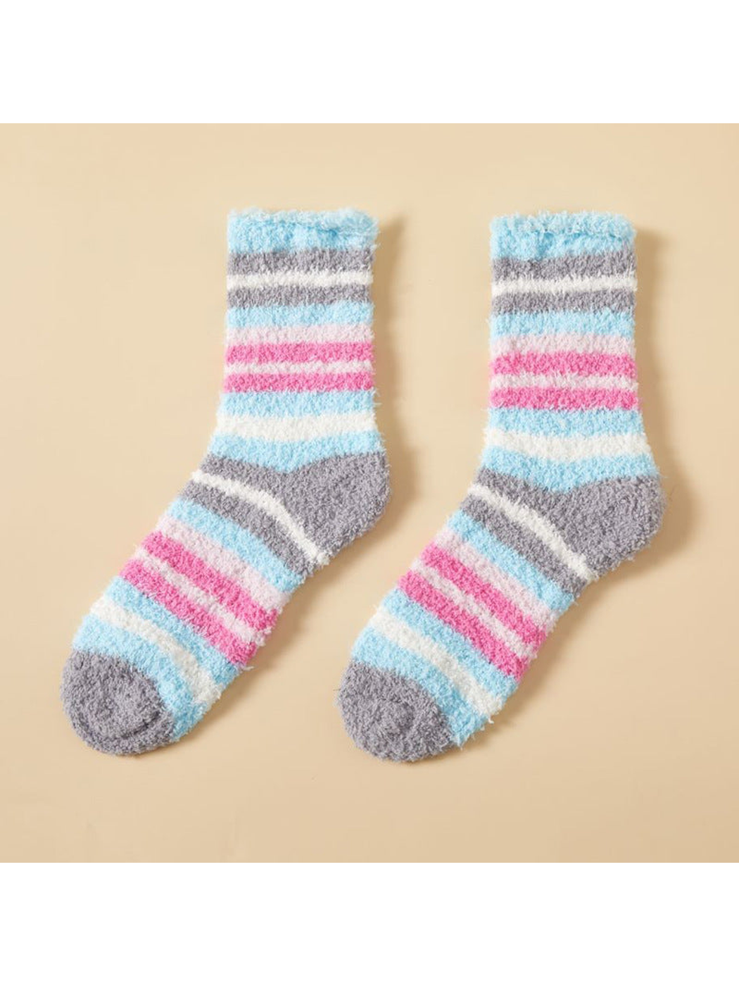 Pastel blue, pink, white and gray striped fuzzy crew socks