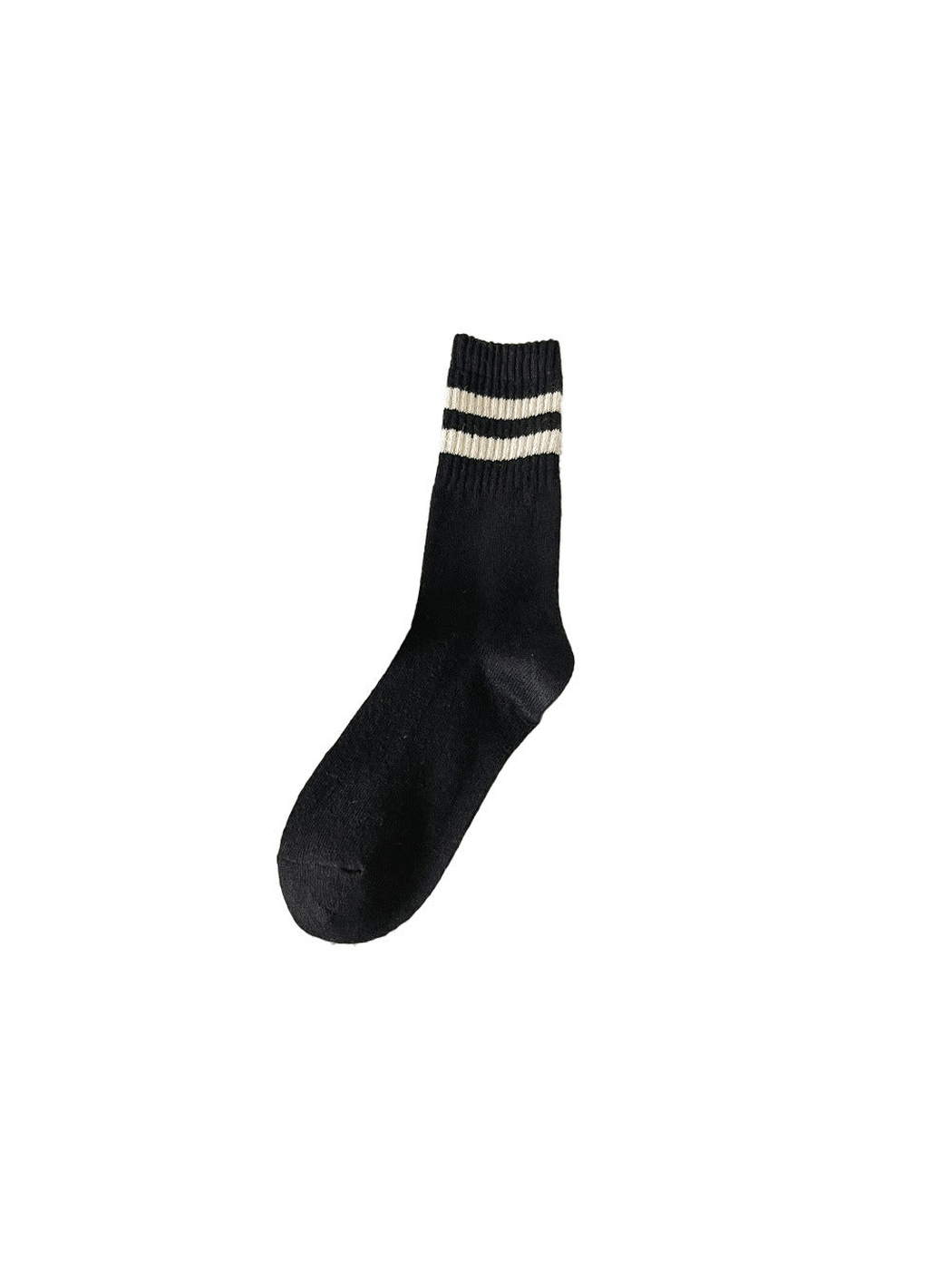 Black crew sock with two cream cuff stripes