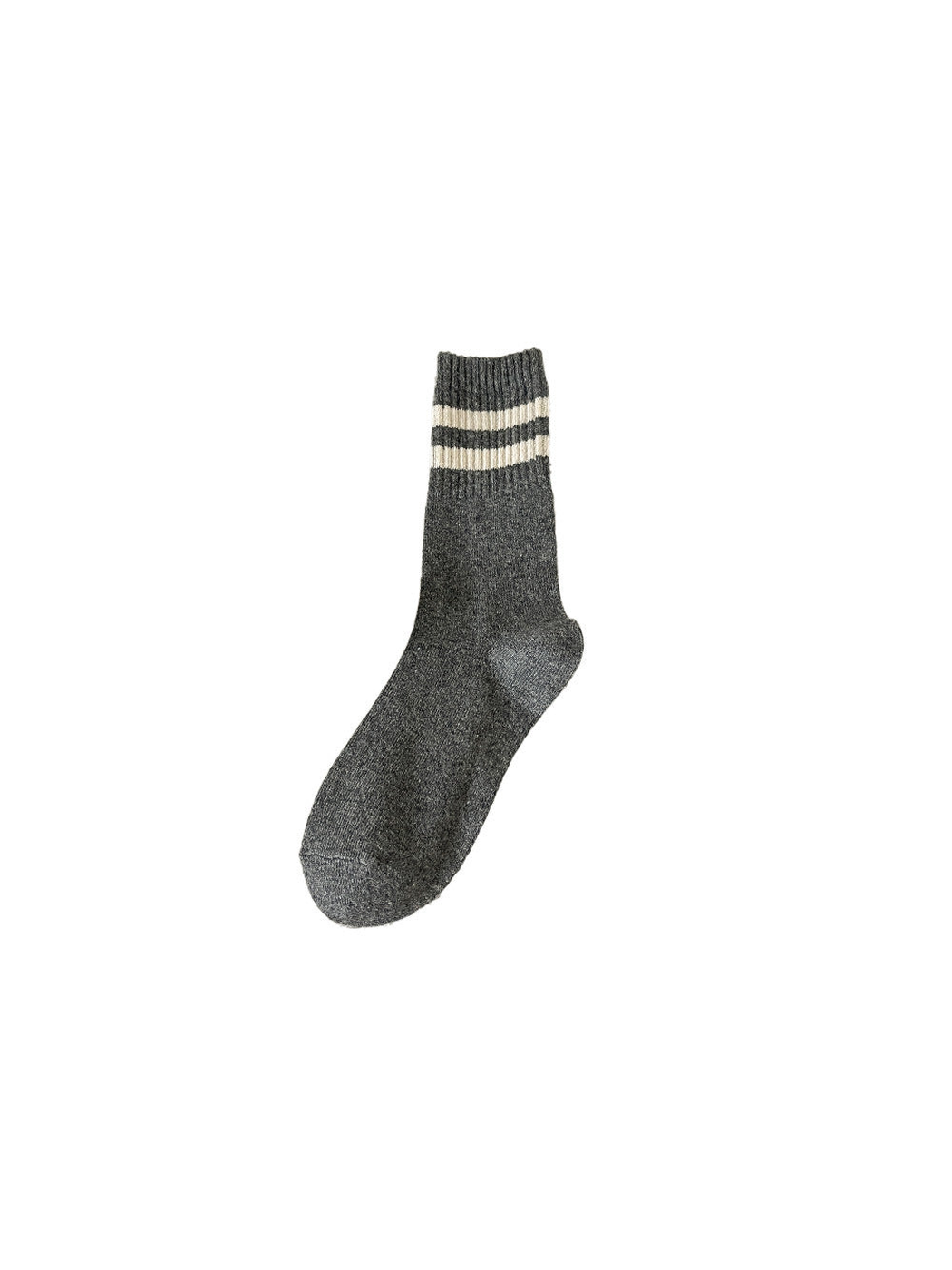 Dark gray crew sock with two cream cuff stripes