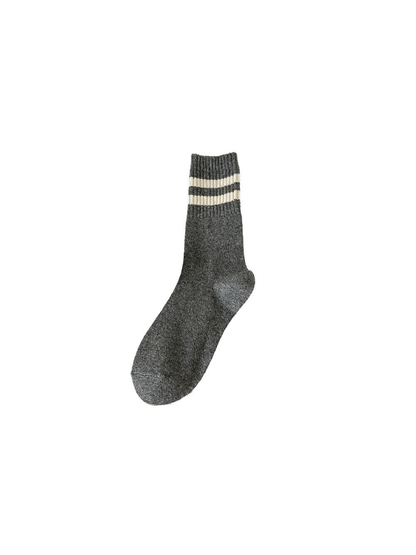 Dark gray crew sock with two cream cuff stripes