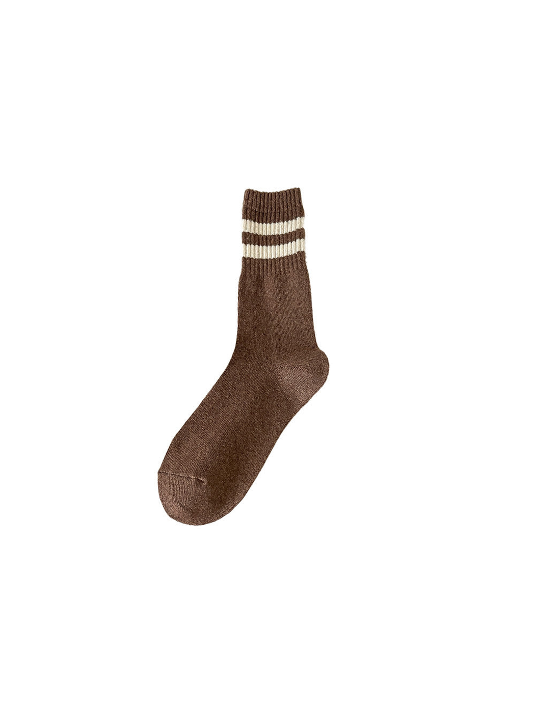 Dark brown crew sock with two cream cuff stripes