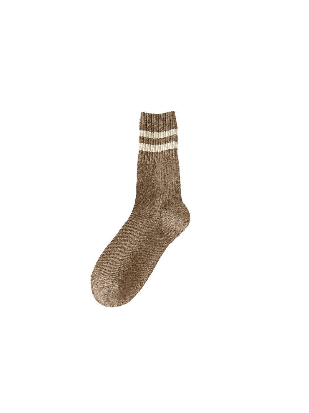 Camel crew sock with two cream cuff stripes