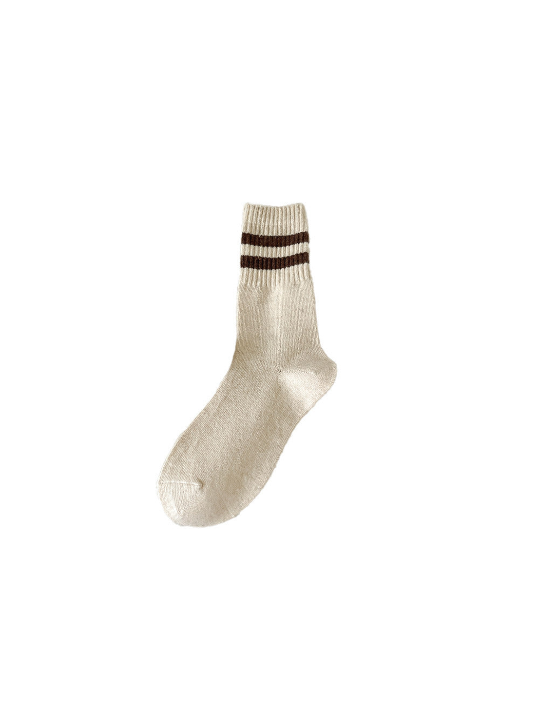 Beige crew sock with two brown cuff stripes
