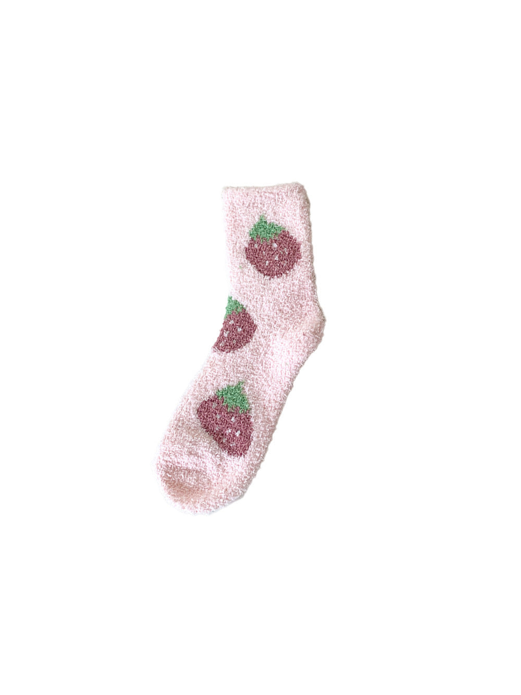 Light pink fuzzy crew sock with repeating strawberry motifs