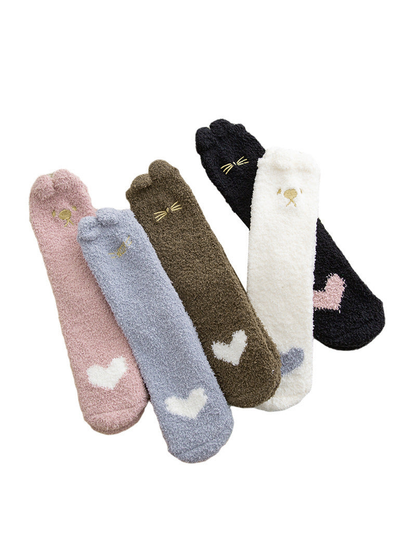 Five fuzzy cat sock colors with heart and paw motifs
