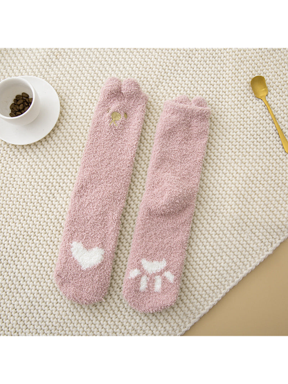 Dusty pink fuzzy cat crew socks with white heart and paw motifs