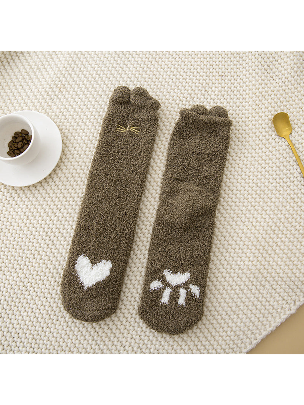 Army green fuzzy cat crew socks with white heart and paw motifs