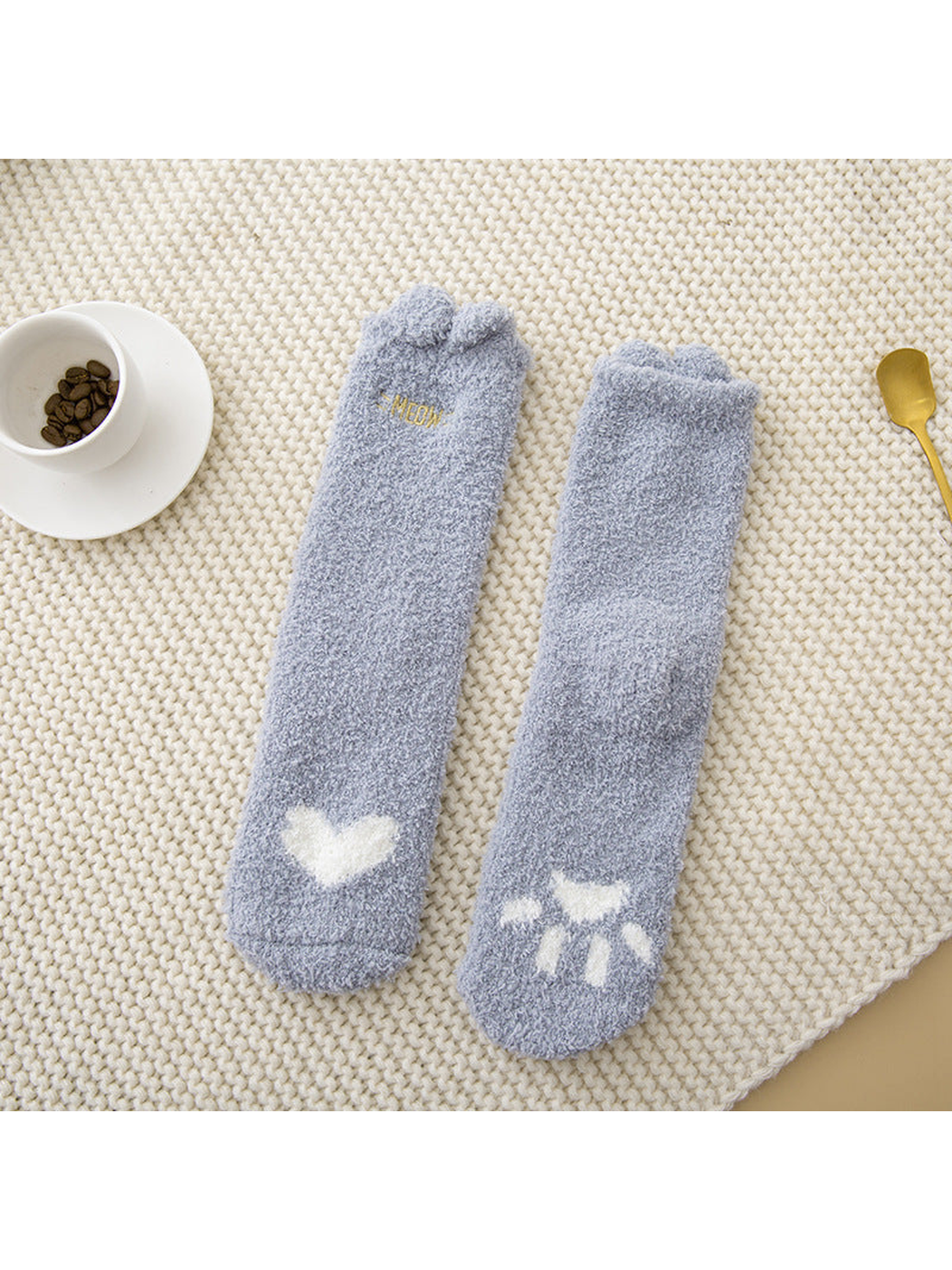 Gray-blue fuzzy cat crew socks with white heart and paw motifs