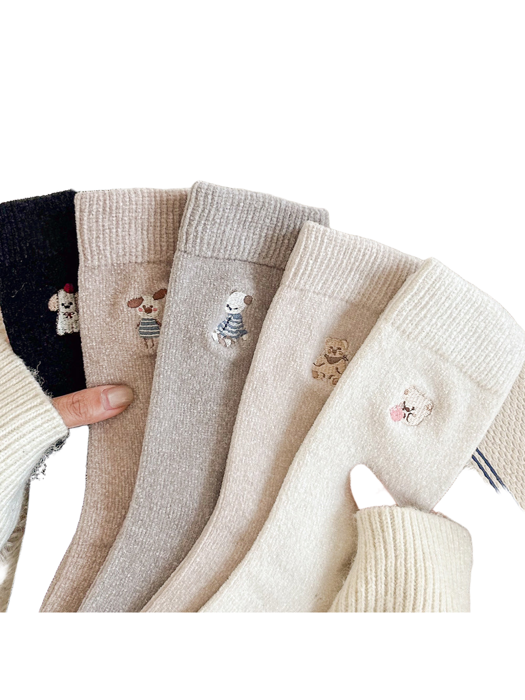 Five colors of embroidered crew socks displayed together