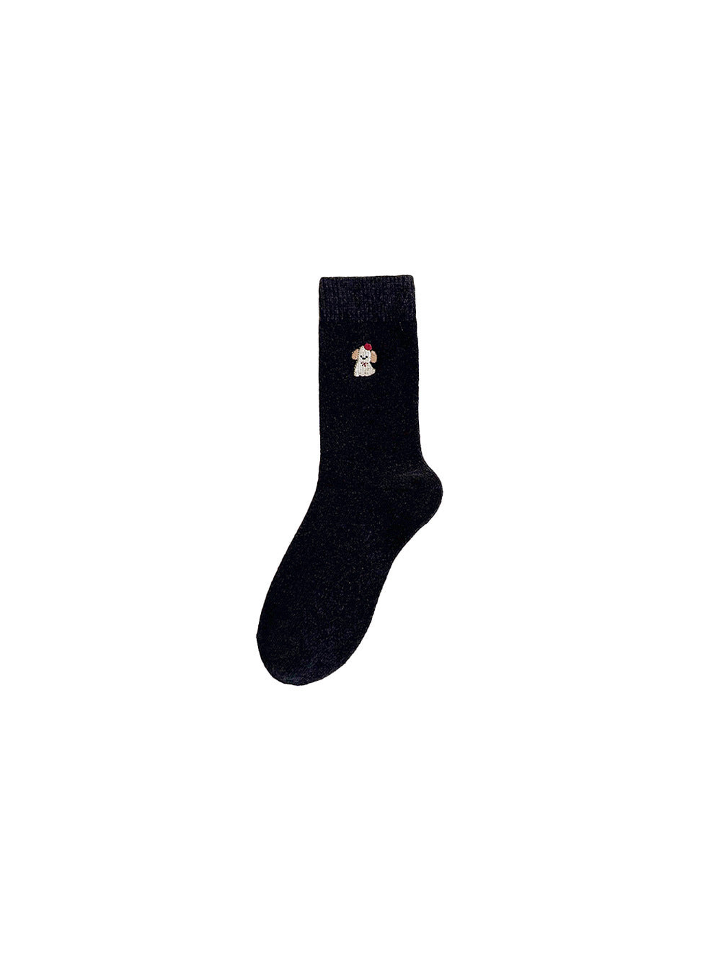 Black crew sock with small embroidered dog motif