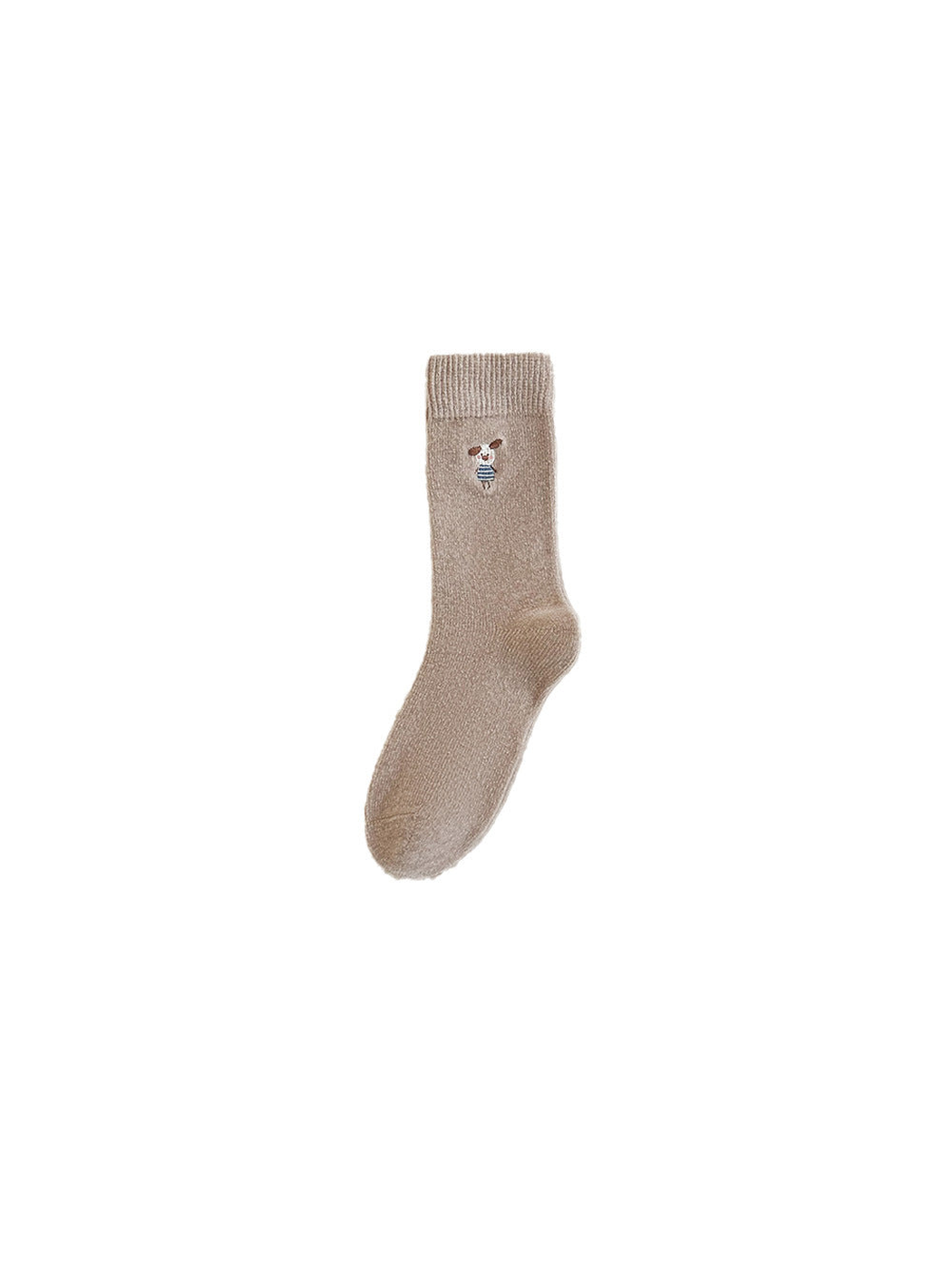Light brown crew sock with small embroidered dog motif