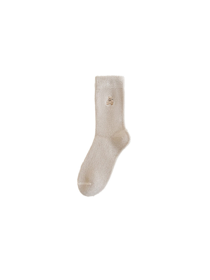 Beige crew sock with small embroidered bear motif