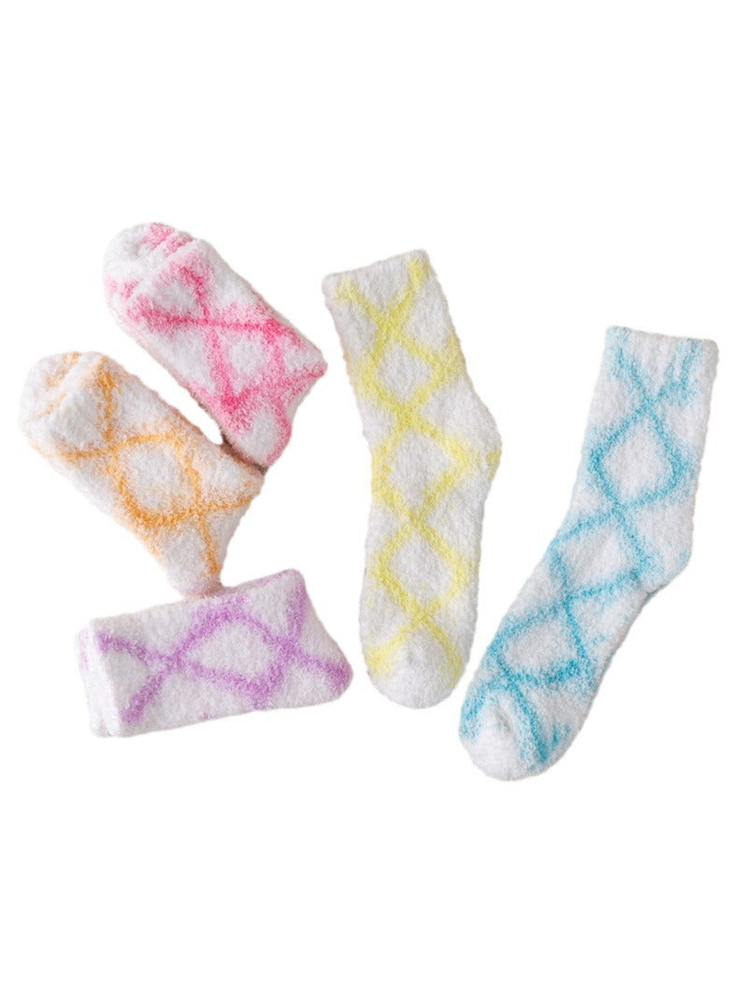Five fuzzy diamond-pattern crew socks in orange, pink, yellow, purple and blue