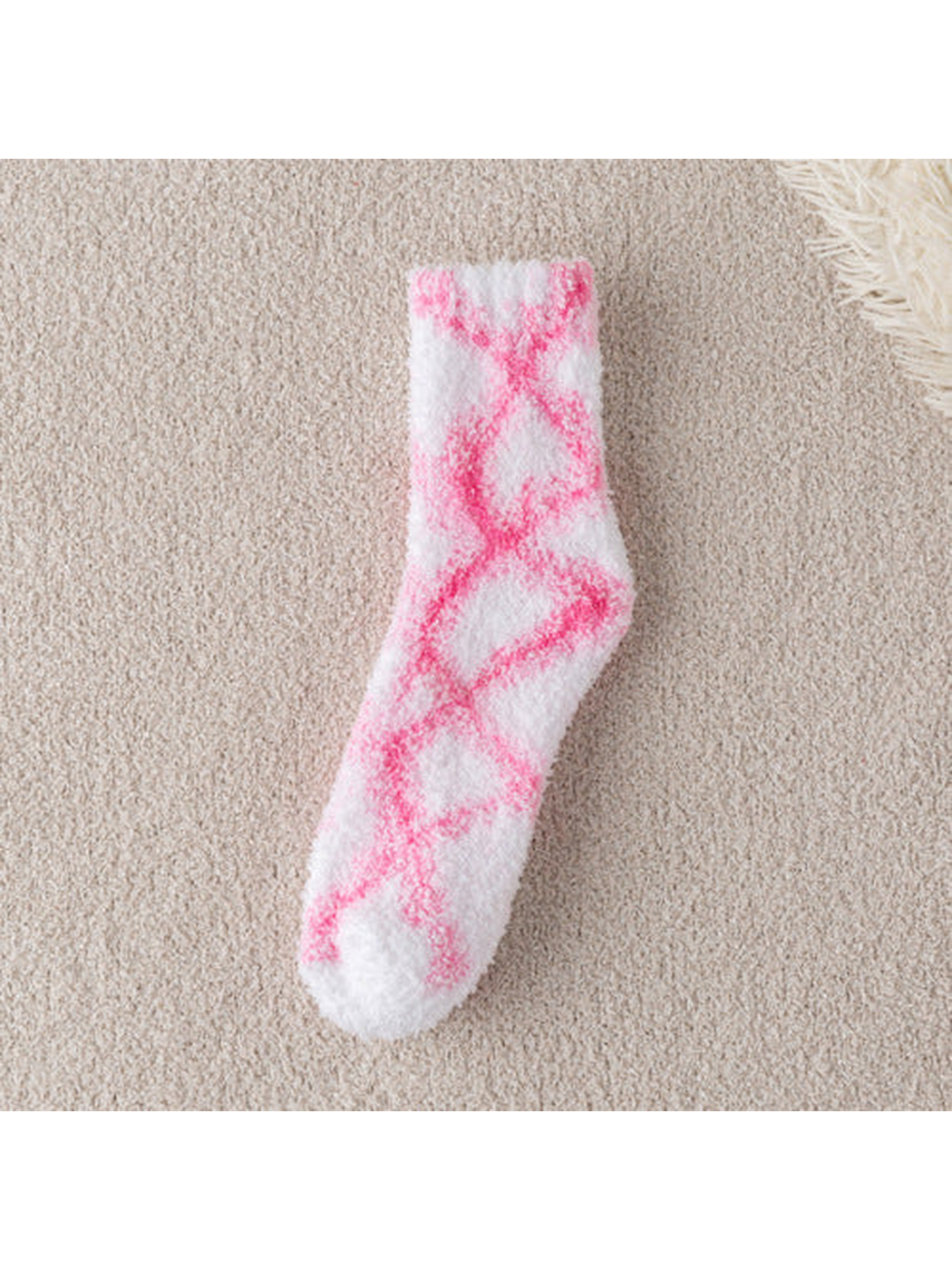 Pink diamond-pattern fuzzy white crew sock, full view
