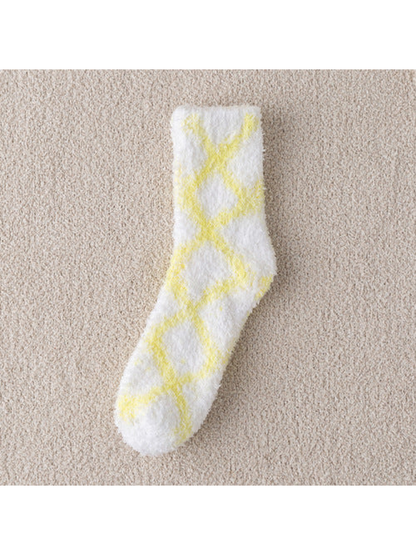 Yellow diamond-pattern fuzzy white crew sock, full view