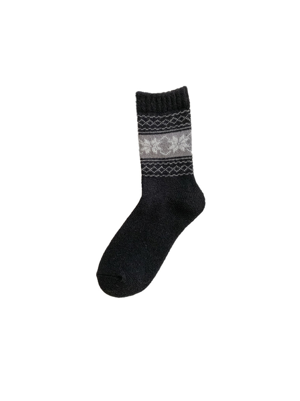 Black crew sock with snowflake and geometric bands