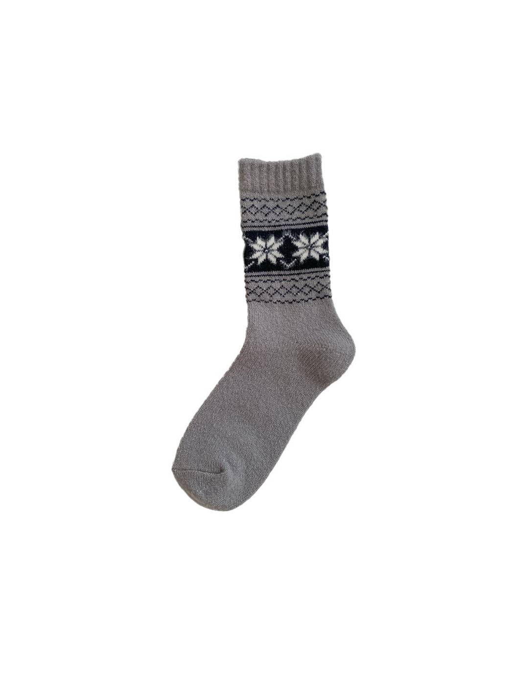Gray crew sock with snowflake and geometric bands