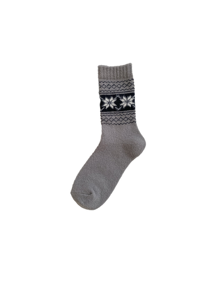 Gray crew sock with snowflake and geometric bands