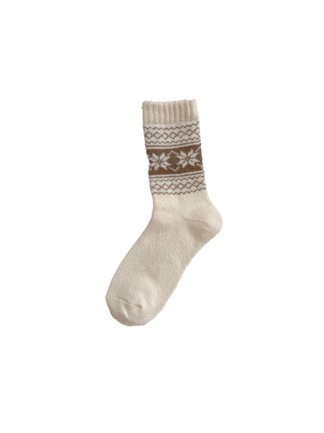 Ivory crew sock with brown snowflake and geometric bands