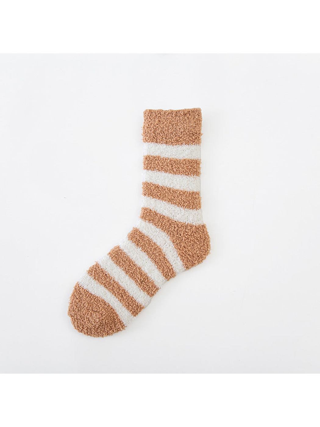 Camel and white striped fuzzy crew sock